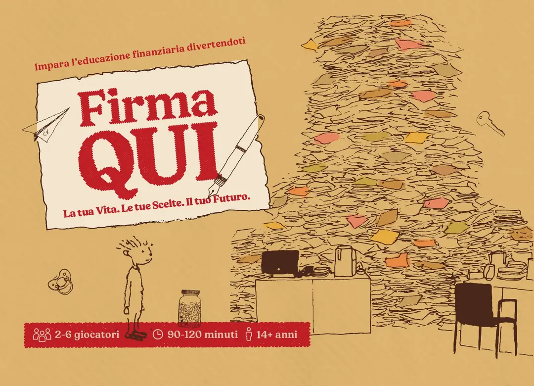 Grafica originale della scatola FIRMA QUI, con logo rosso e montagna di documenti disegnata a mano
